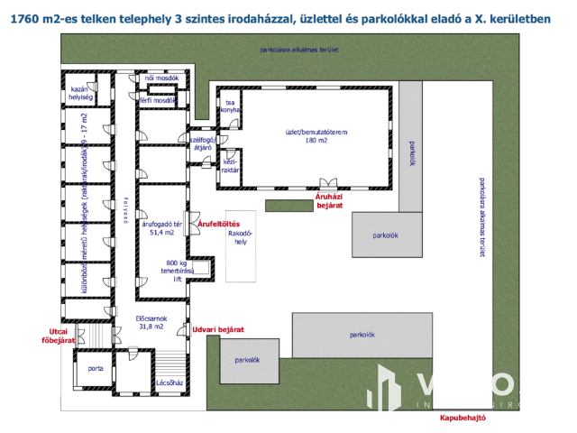 Telephely irodaházzal, 180 m2-es üzlettel és parkolókkal